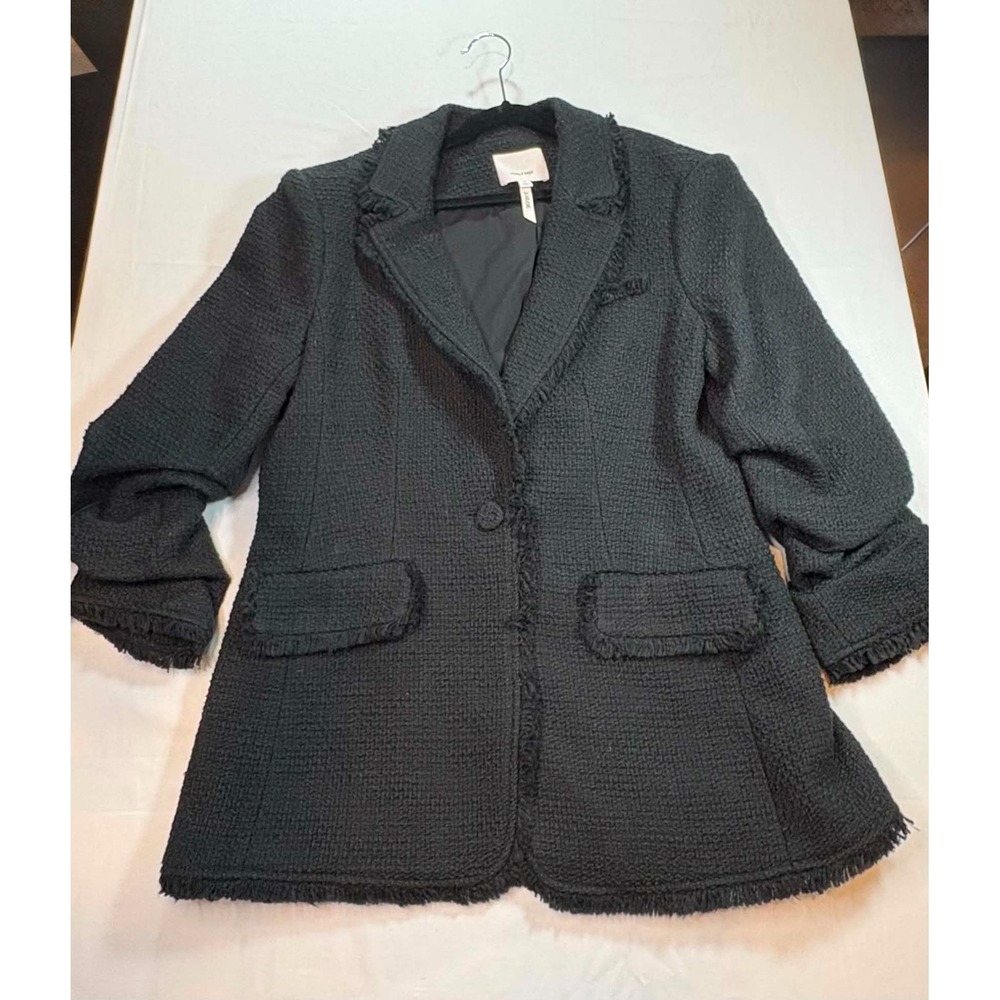 Cinq à Sept Khloe Boucle Tweed Blazer Black Frayed Fringe Ruched Sleeve Size 6 - Picture 2 of 3